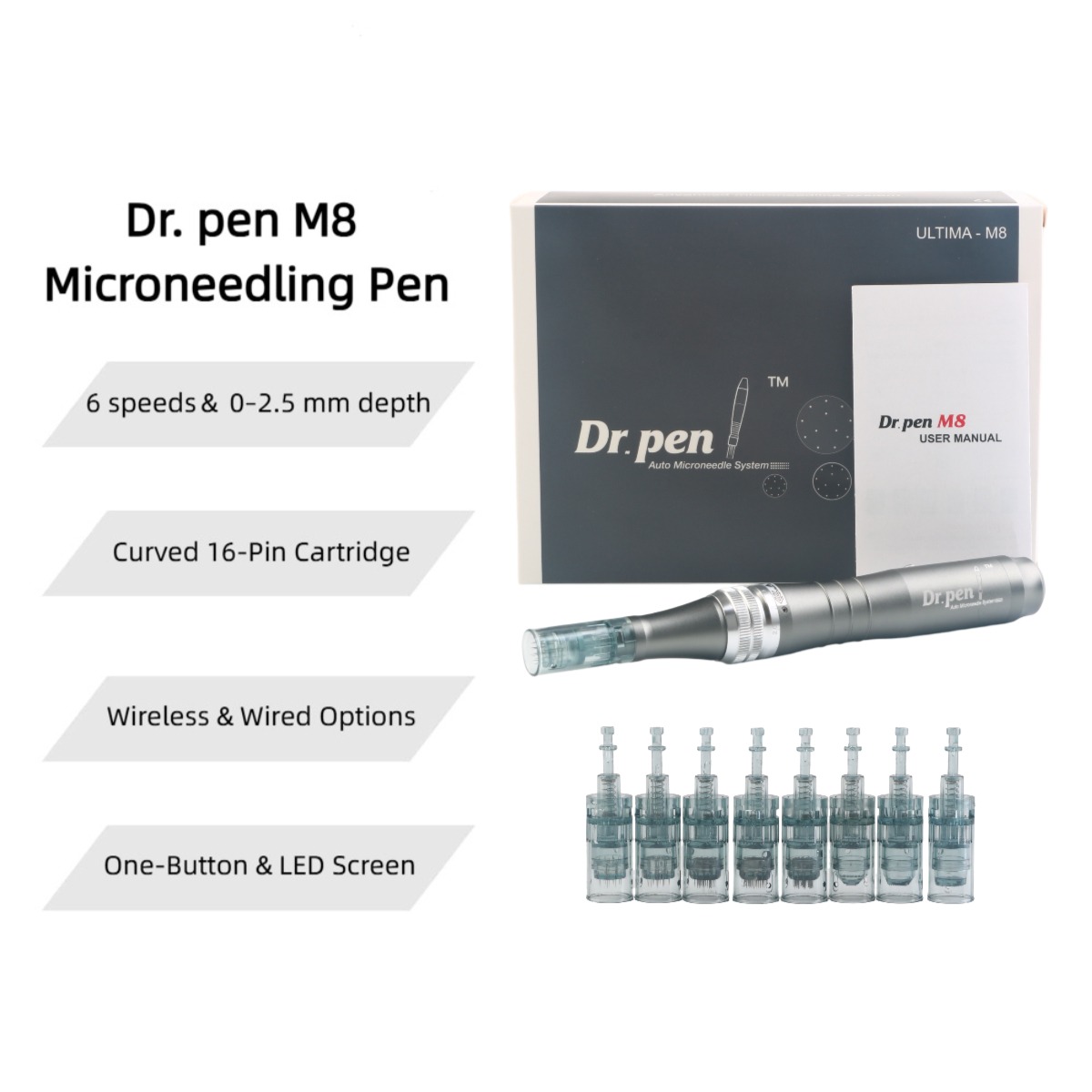 Dr. Pen M8 microneedling pen with box and cartridges