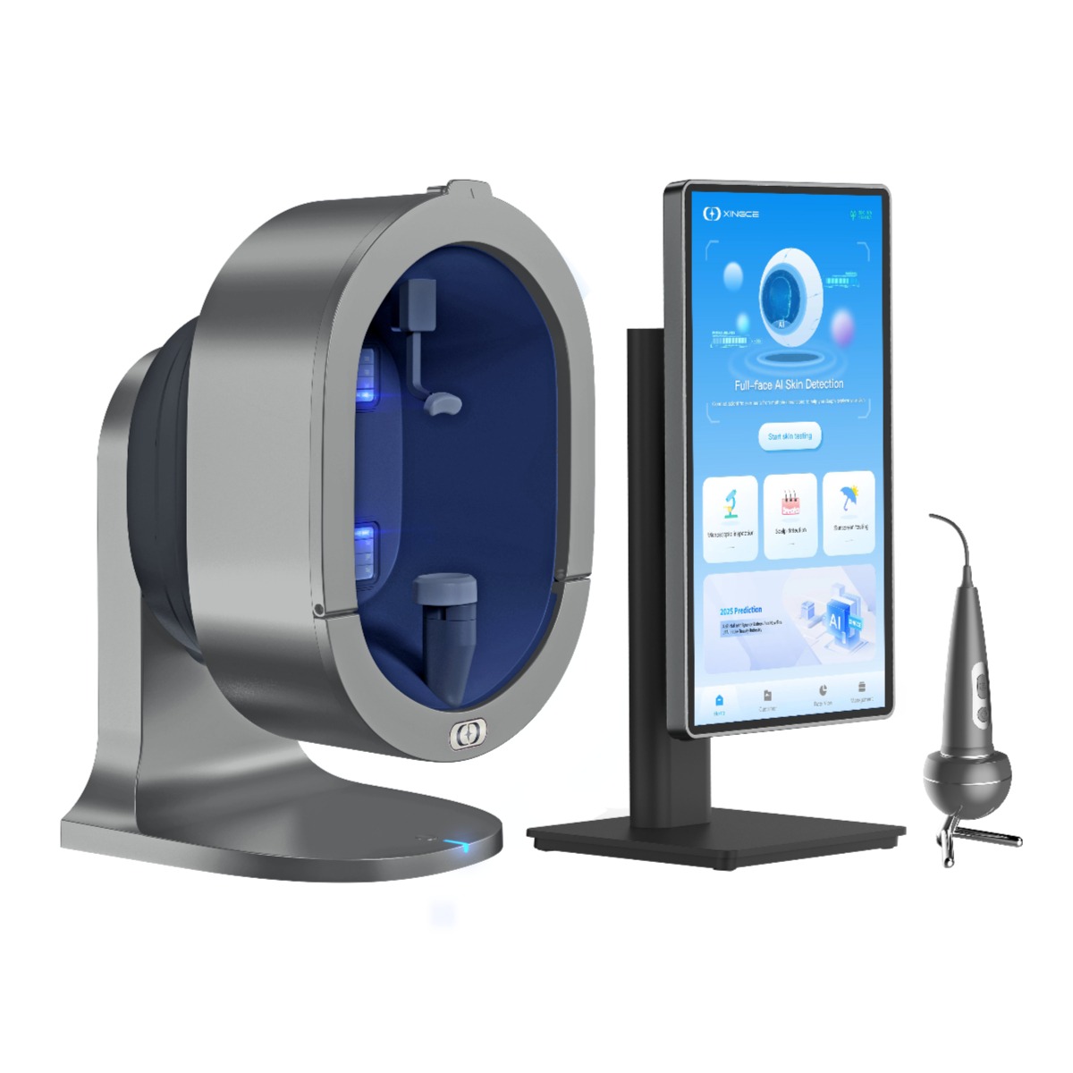 SK-X5-Pro AI skin analyzer front view with display and analysis probe
