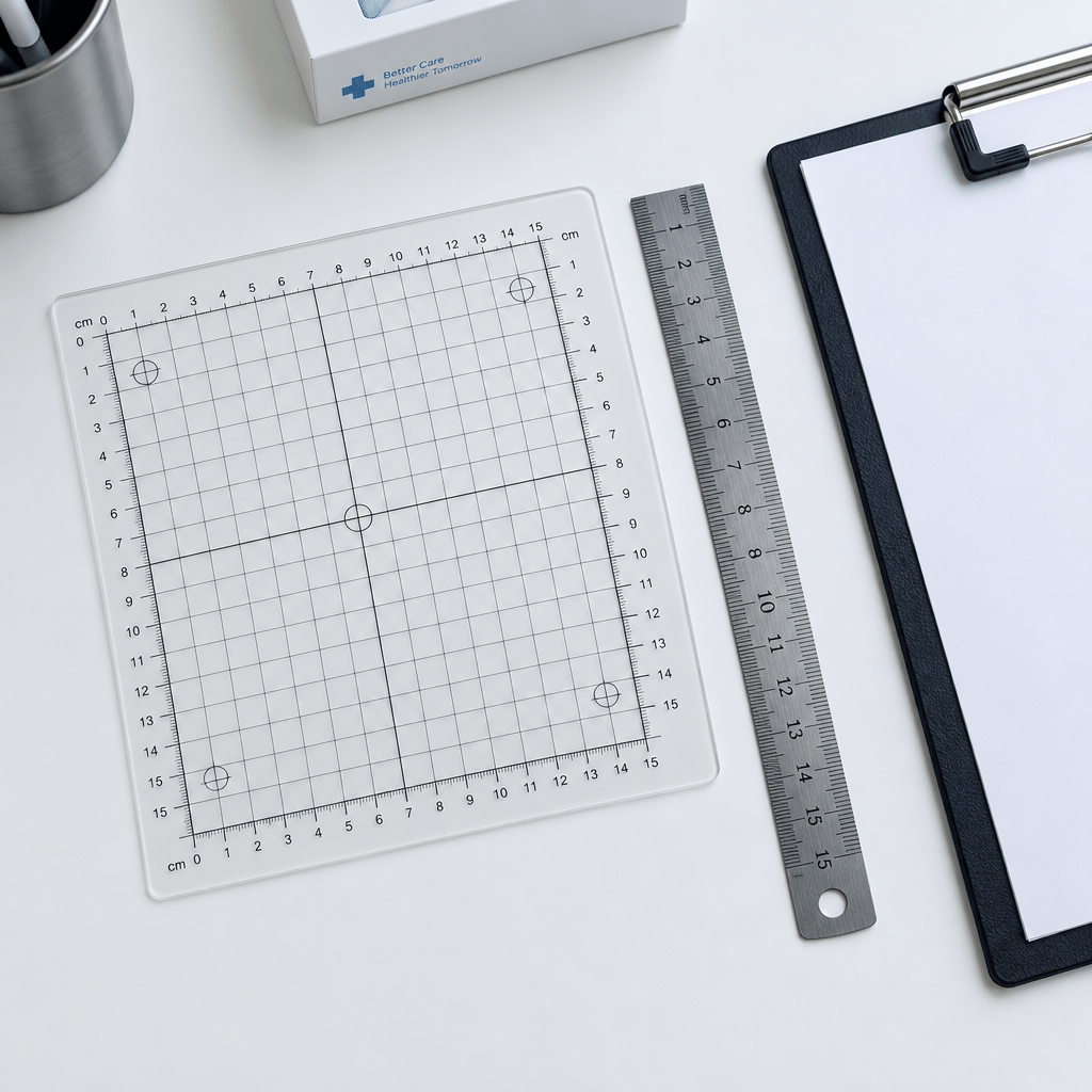 Measuring grid and ruler on a clinic desk used to size a tattoo before a per-session quote