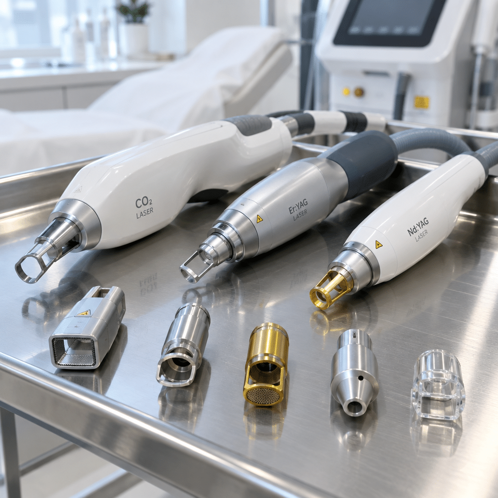 Laser handpieces with different treatment tips on a stainless tray, each wavelength matched to different ink colors