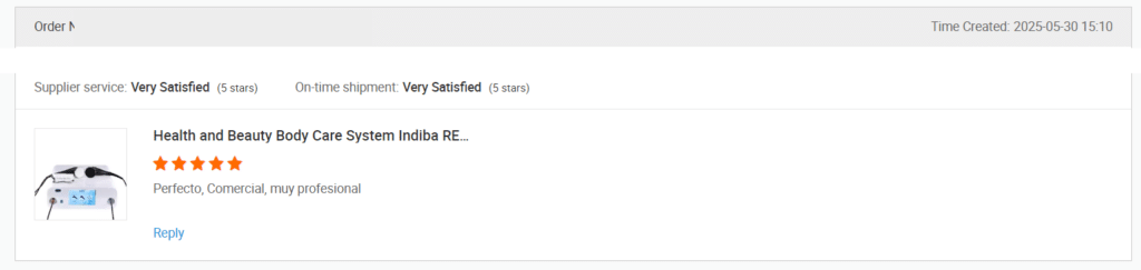 Screenshot of a review on Alibaba