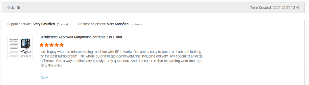 Screenshot of a review on Alibaba