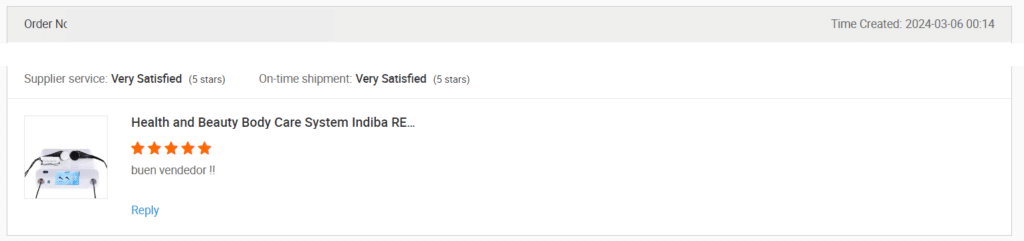 Screenshot of a review on Alibaba
