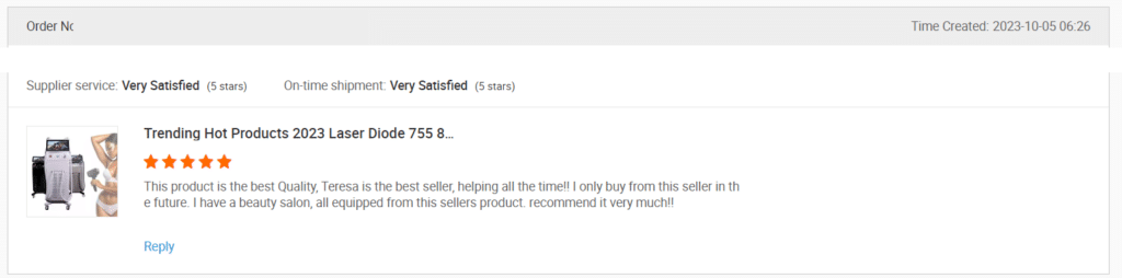 Screenshot of a review on Alibaba
