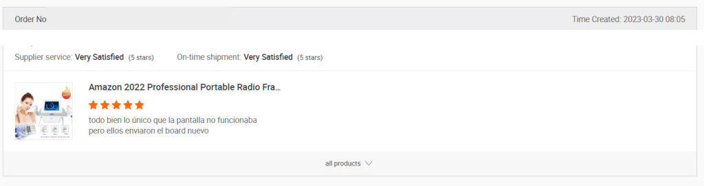 Screenshot of a review on Alibaba