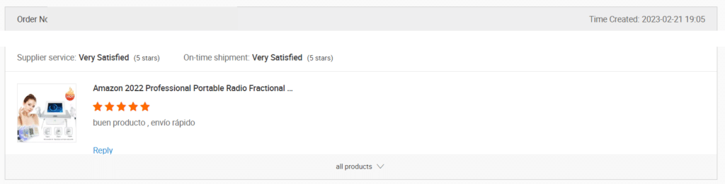 Screenshot of a review on Alibaba