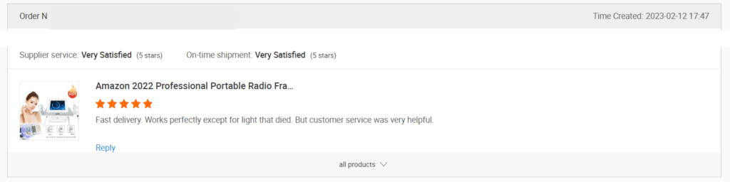 Screenshot of a review on Alibaba