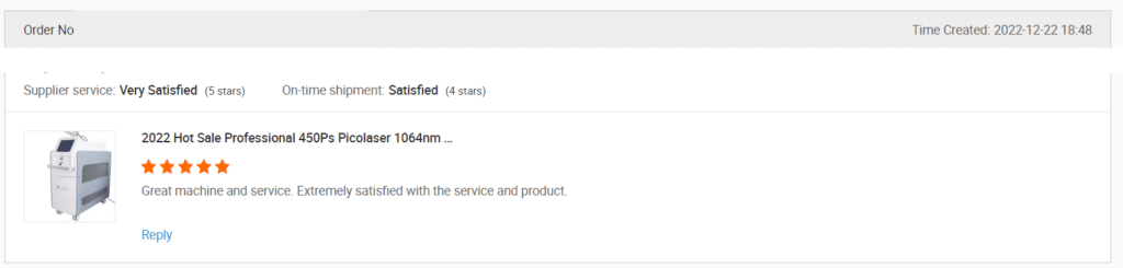 Screenshot of a review on Alibaba