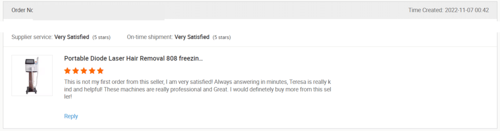 Screenshot of a review on Alibaba
